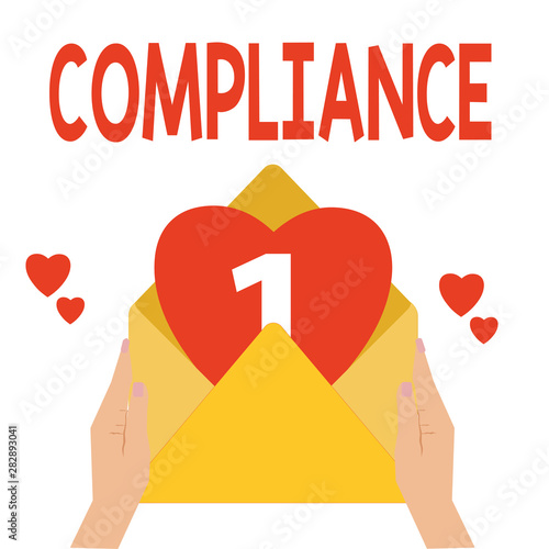 Word writing text Compliance. Business concept for Action Fact of complying with wish or comanalysisd rules following. photo