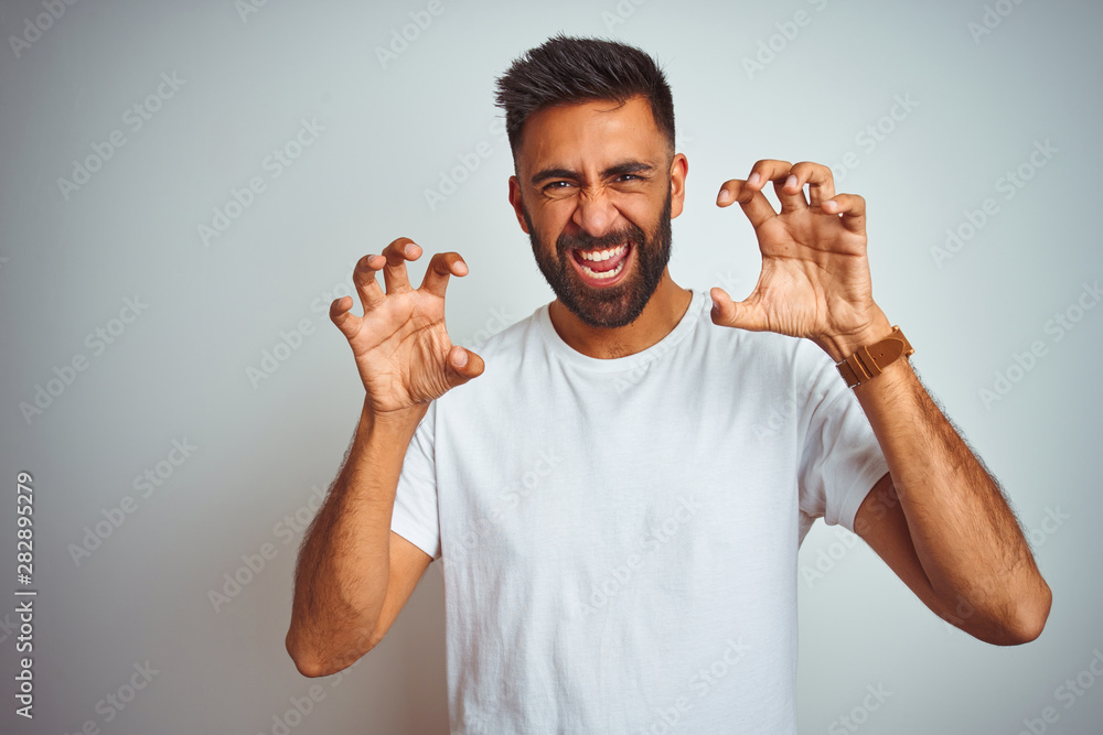 Young indian man wearing t-shirt standing over isolated white background  smiling funny doing claw gesture as cat, aggressive and sexy expression  Stock Photo | Adobe Stock