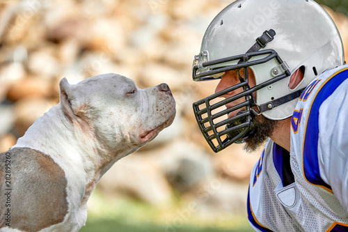 Face to face man and dog. An American football player in a helmet and uniform stands face to face with a fighting dog. Concept american football, sport for the protection of animals. photo