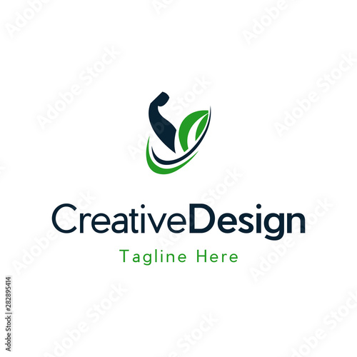 Biceps and Leaf Logo Template. Sports Nutrition Vector Design. Muscles Illustration