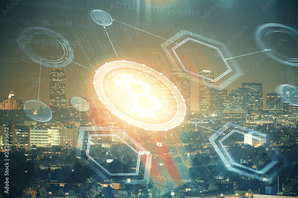 Fototapeta premium Multi exposure of cryptocurrency theme hologram drawing and city veiw background. Concept of blockchain and bitcoin.