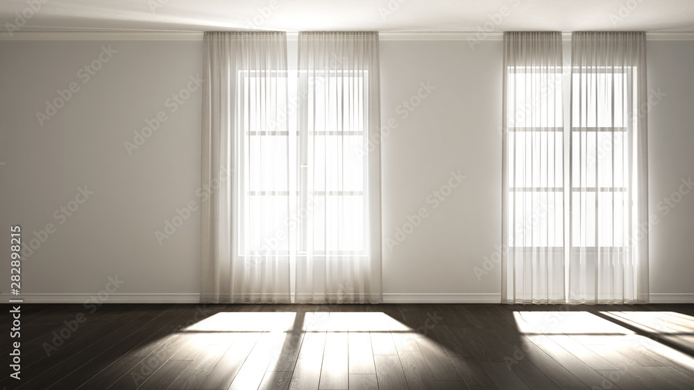 Stylish empty room with panoramic windows, parquet wooden floor, classic shutters, classic white curtains. White background with copy space, interior design concept