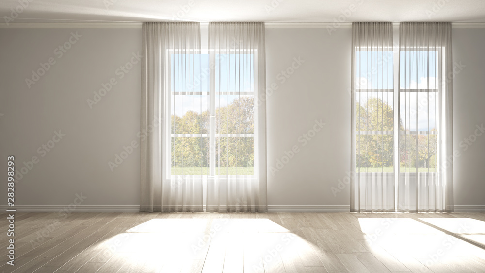 Stylish empty room with panoramic windows, parquet wooden floor, classic shutters, white curtains. White background with copy space, interior design concept. Green meadow landscape Stylish empty room with panoramic windows, parquet wooden floor, classic shutters, white curtains. White background with copy space, interior design concept. Green meadow landscape