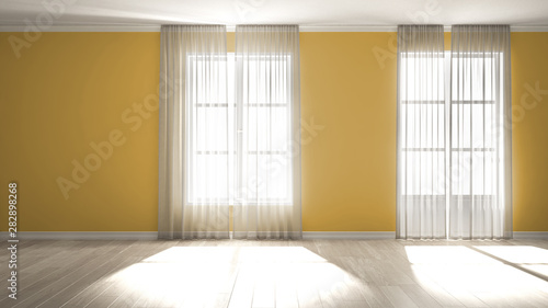 Stylish empty room with panoramic windows  parquet wooden floor  classic shutters  classic white curtains. Yellow background with copy space  interior design concept idea