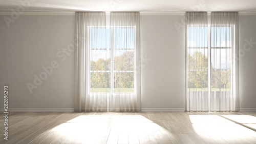 Stylish empty room with panoramic windows, parquet wooden floor, classic shutters, white curtains. White background with copy space, interior design concept. Green meadow landscape