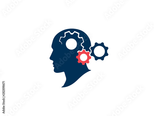 Brainstorming process concept. Thinking process and brain activity. Silhouette human head with gears. Strategic thinking and planning. Vector illustration.