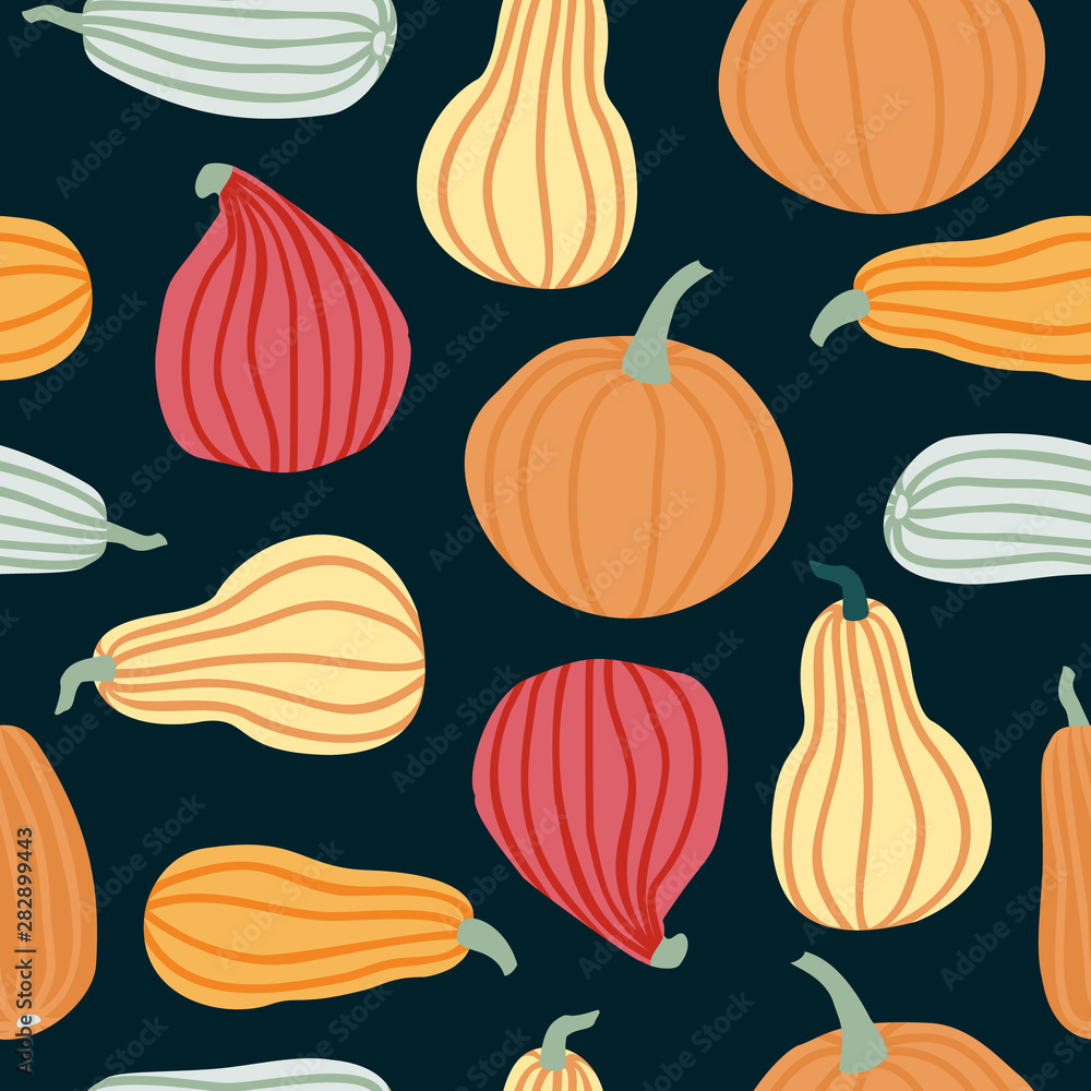 Hand draw Pumpkin Seamless Pattern in simple Doodle Style Vector Background colorful Pumpkins of different shapes and sizes isolated on dark background. Template for Halloween, Thanksgiving, Harvest Hand draw Pumpkin Seamless Pattern in simple Doodle Style Vector Background colorful Pumpkins of different shapes and sizes isolated on dark background. Template for Halloween, Thanksgiving, Harvest