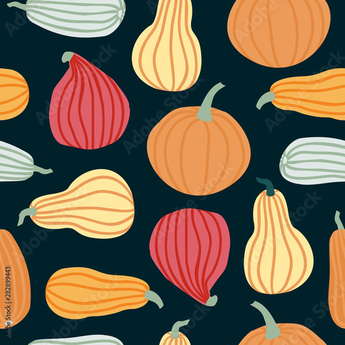 Fototapeta Naklejka Na Ścianę i Meble -  Hand draw Pumpkin Seamless Pattern in simple Doodle Style Vector Background colorful Pumpkins of different shapes and sizes isolated on dark background. Template for Halloween, Thanksgiving, Harvest