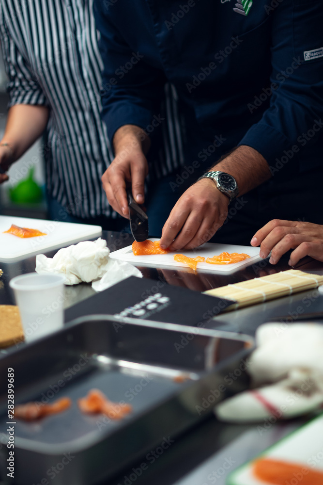 fresh sushi preparation, smoked salmon
