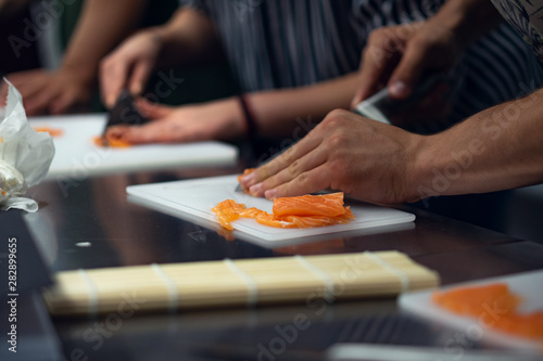 fresh sushi preparation, smoked salmon