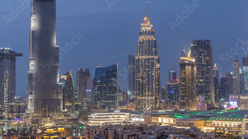 Dubai Downtown skyline during sunset timelapse towers paniramic view from the top in Dubai