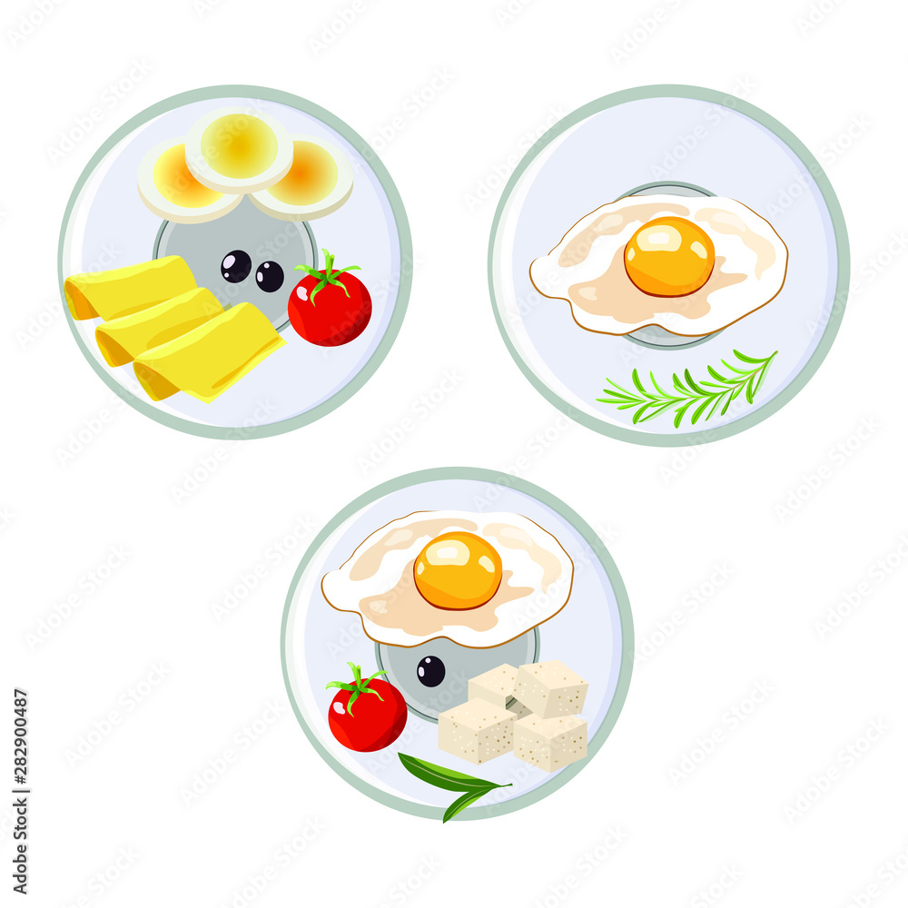Vector concept of breakfast in cartoon style. On a plate dairy products, cheese, eggs and tomatoes. Concept for breakfast menu, cafe, restaurant. Logo design template. Food background.