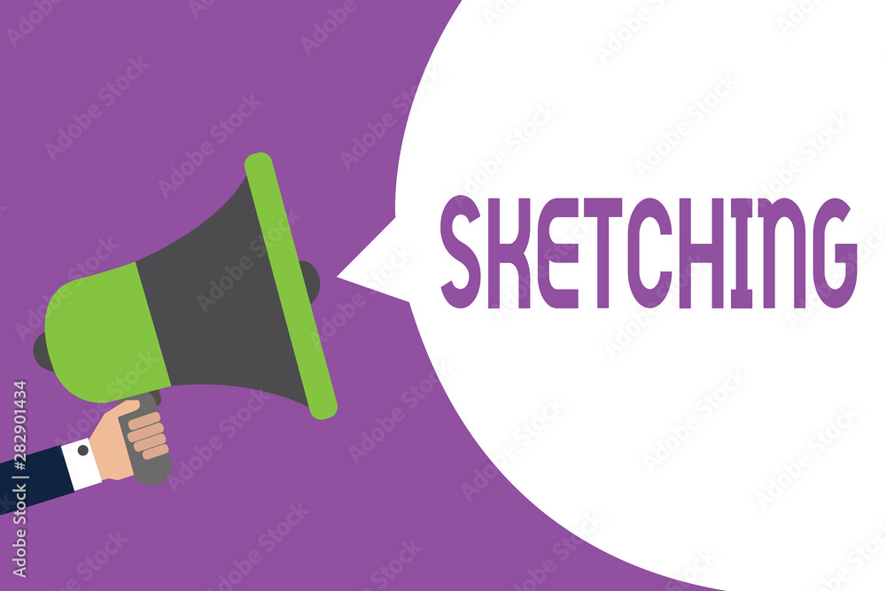 Word writing text Sketching. Business concept for Making a rough drawing of something Design plan Draft Idea Man holding megaphone loudspeaker speech bubble message speaking loud Word writing text Sketching. Business concept for Making a rough drawing of something Design plan Draft Idea Man holding megaphone loudspeaker speech bubble message speaking loud