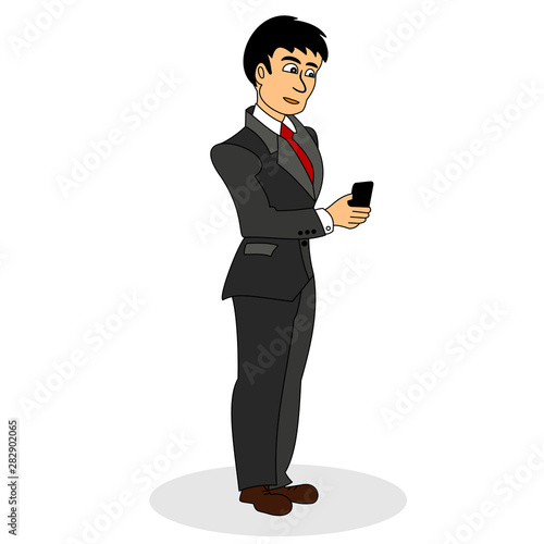 Businessman with smart phone in hand. Color vector illustration isolated on white background.