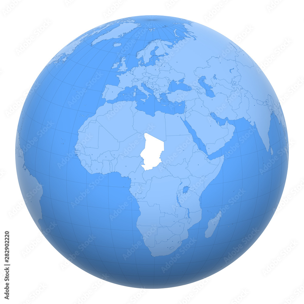 Chad on the globe. Earth centered at the location of the Republic of Chad. Map of Chad. Includes layer with capital cities. Chad on the globe. Earth centered at the location of the Republic of Chad. Map of Chad. Includes layer with capital cities.