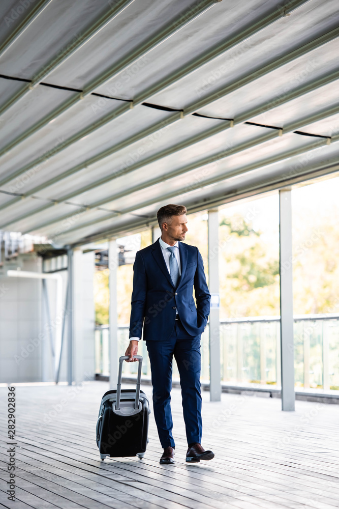 handsome and confident businessman in formal wear holding suitcase handsome and confident businessman in formal wear holding suitcase