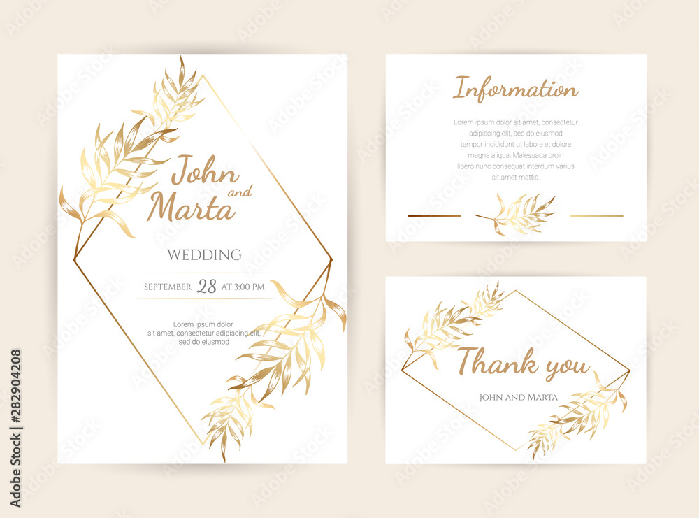 Luxury Wedding invitation cards with gold geometric polygonal lines vector design template. eps10