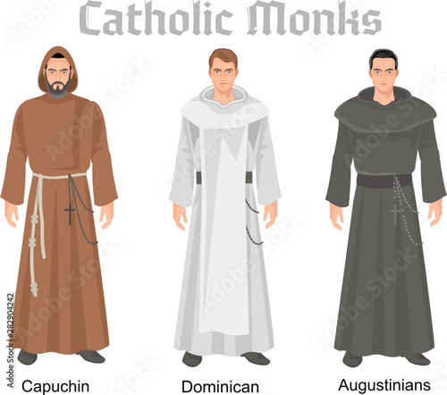 catholic monksin robes, flat illustration