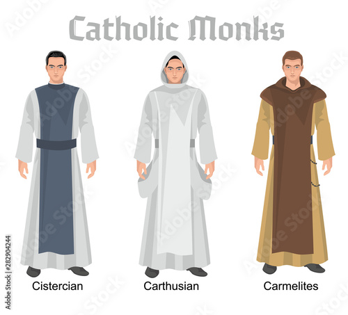 catholic monksin robes, flat illustration