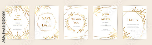 Luxury Wedding invitation cards with gold geometric polygonal lines vector design template. eps10