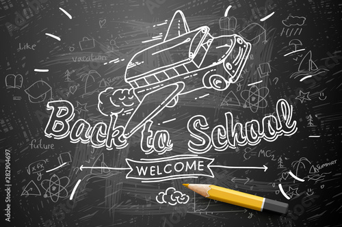 Back to school banner, doodle on chalkboard background, school bus, vector illustration.