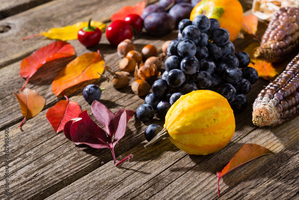 autumn fruits and vegetables on weathered wooden table background
