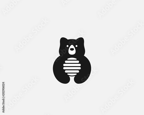 Bear hive in negative space vector logo. Nature animal honey icon logotype.