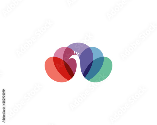 Colorful peacock bird in negative space vector logo. Beautiful peafowl tail icon logotype.