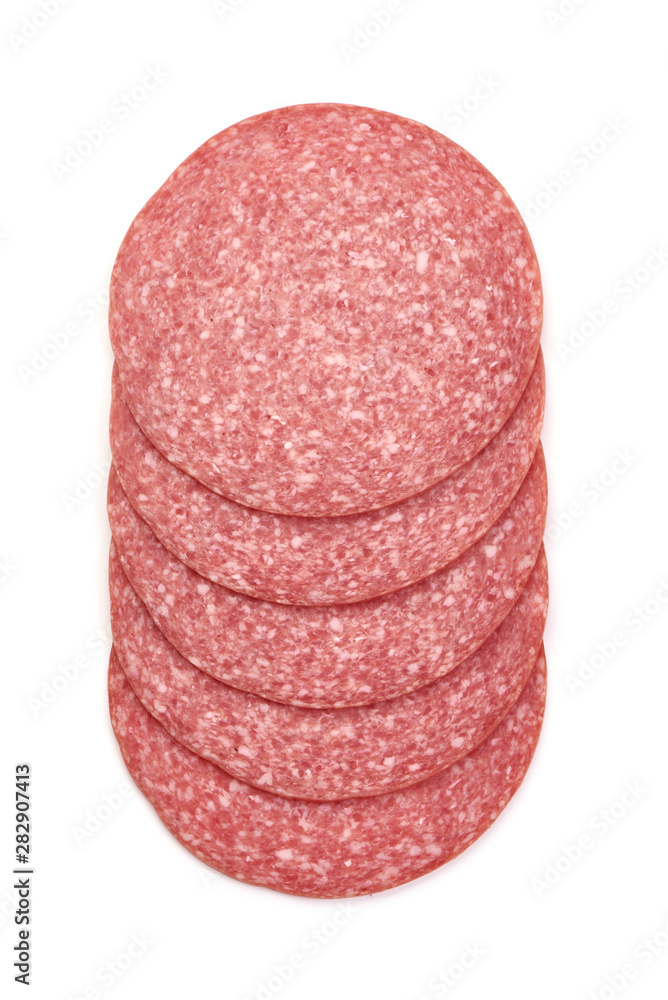 Salami sausage slices, isolated on white background Salami sausage slices, isolated on white background
