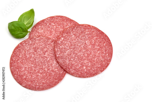 Salami smoked sausage slices, isolated on white background