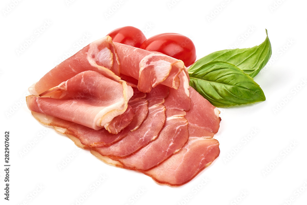 Italian prosciutto crudo or spanish jamon, isolated on white background Italian prosciutto crudo or spanish jamon, isolated on white background
