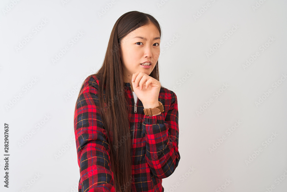 Young chinese woman wearing casual jacket standing over isolated white background disgusted expression, displeased and fearful doing disgust face because aversion reaction. With hands raised.