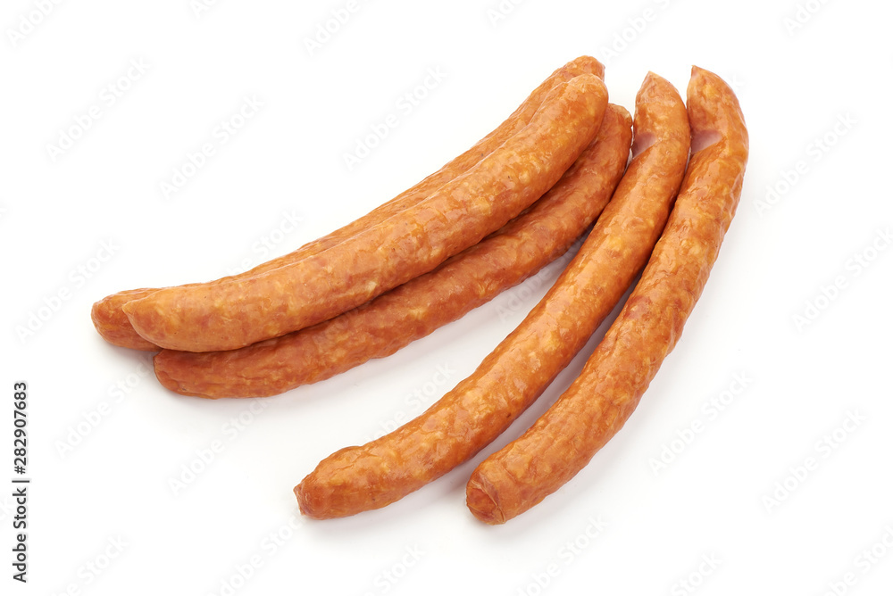 Smoked pork sausages, dry meat, isolated on white background Smoked pork sausages, dry meat, isolated on white background