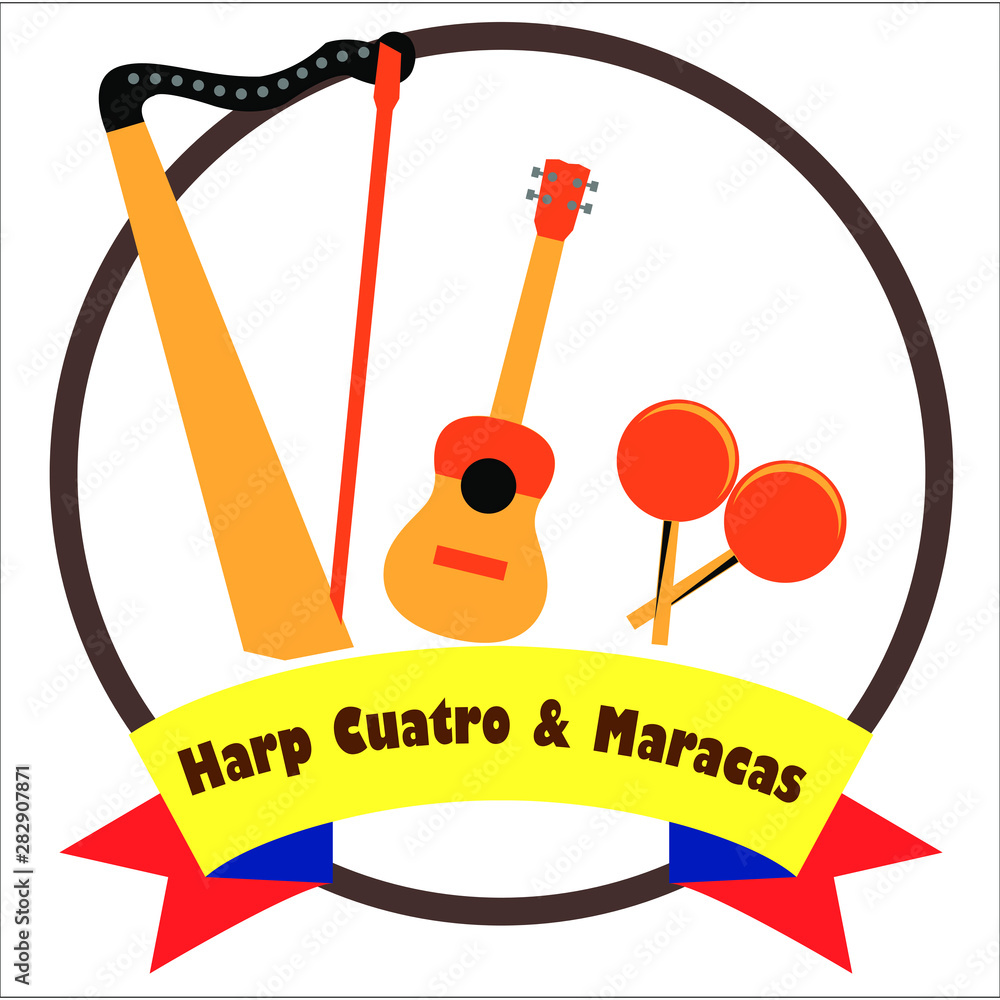 Harp, Cuatro and Maracas Venezuelan and colombian musical instruments