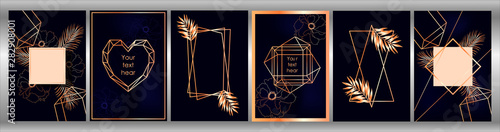 Invitation card set. Golden frames with palm leaves and flowers on navy blue backgrond. Tropical exotical vector background.