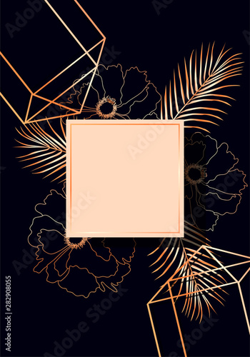 Invitation card set. Golden frames with palm leaves and flowers on navy blue backgrond. Tropical exotical vector background.