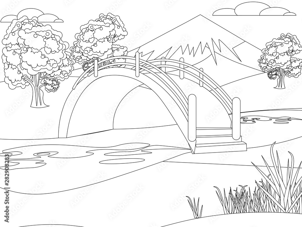 Fototapeta premium Japanese garden, nature, park. Mountain background. Bright, children drawing. In minimalist style. Cartoon flat vector coloring