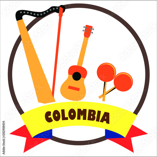 Harp, Cuatro and Maracas Venezuelan and colombian musical instruments with yellow, blue and red flag, with Colombia word. Instruments that represent the most iconic Colombian music. photo