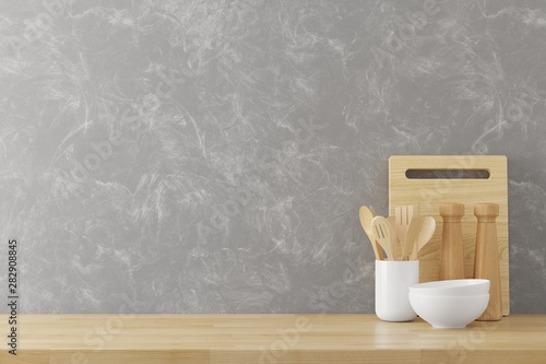 Fototapeta Naklejka Na Ścianę i Meble -  Kitchen utensils background with concrete wall texture copy space for text, 3d render