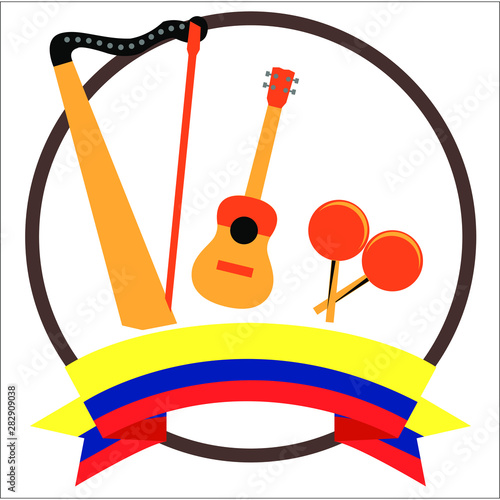 Harp, Cuatro and Maracas Venezuelan and colombian musical instruments with Colombia flag. Instruments that represent the most iconic Colombian music. photo