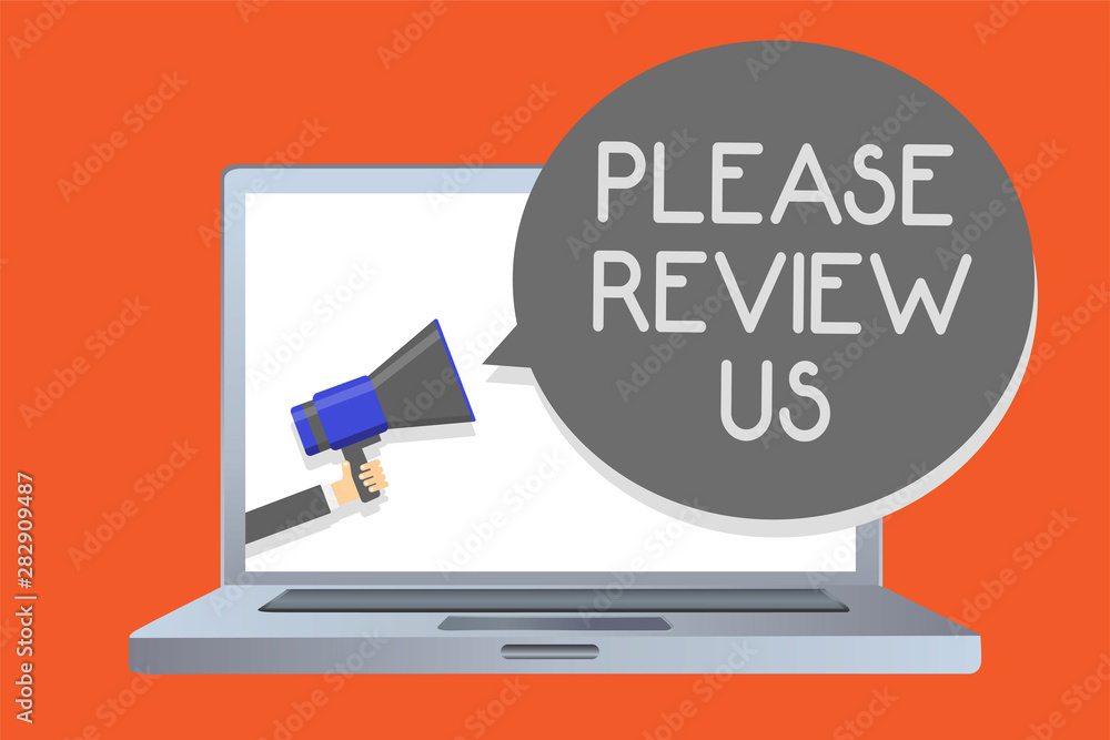 Writing note showing Please Review Us. Business photo showcasing Give a feedback Opinion Comments Quality of service Network message social media issue public speaker declare announcement Writing note showing Please Review Us. Business photo showcasing Give a feedback Opinion Comments Quality of service Network message social media issue public speaker declare announcement