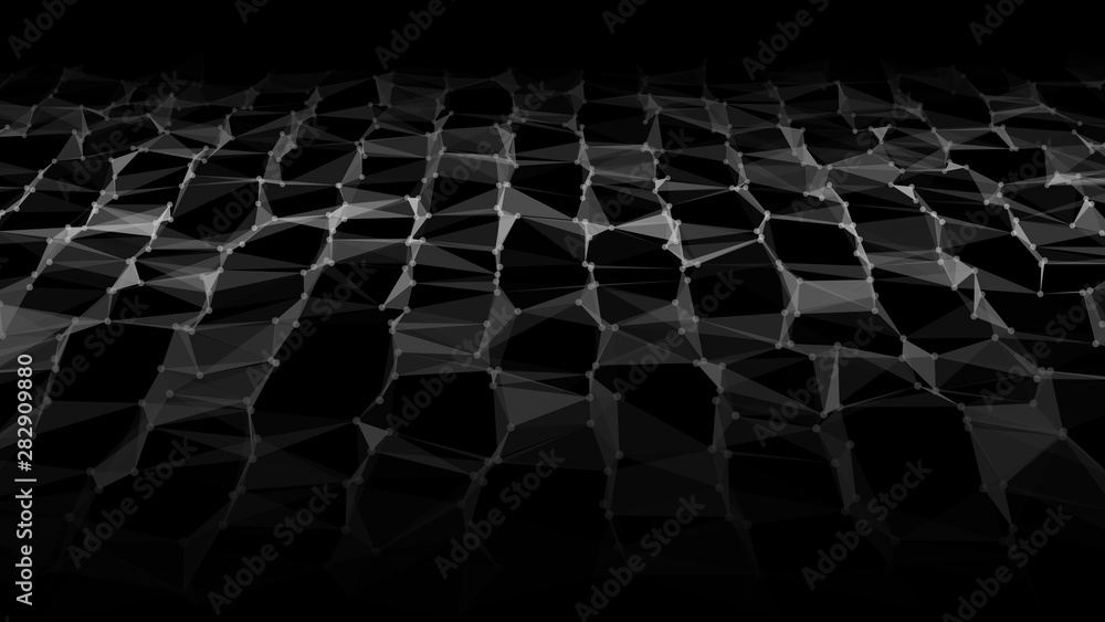 Network of bright connected dots and triangles. Gradient wave on black background. Abstract digital background. Futuristic vector illustration. Network of bright connected dots and triangles. Gradient wave on black background. Abstract digital background. Futuristic vector illustration.