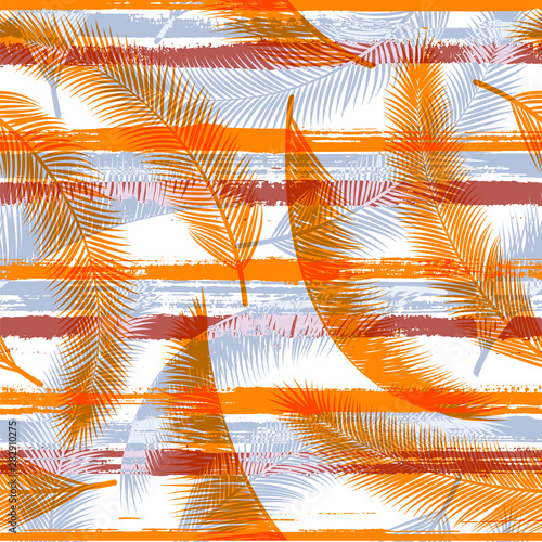 Orange palm branches overlapping stripes seamless pattern vector design.