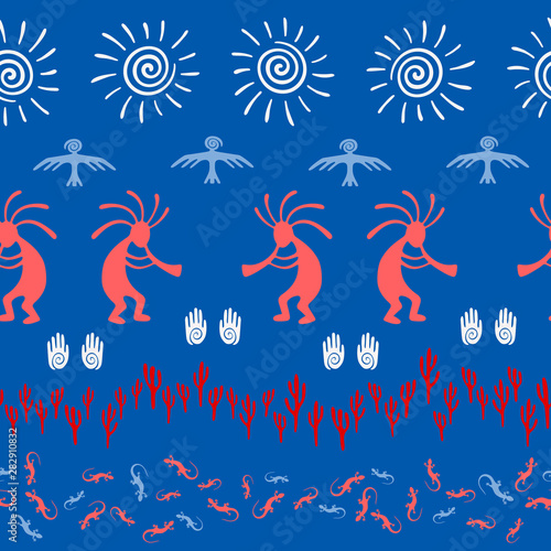 Traditional, design with trickster god, swirl icons on human palm, sun, eagle.