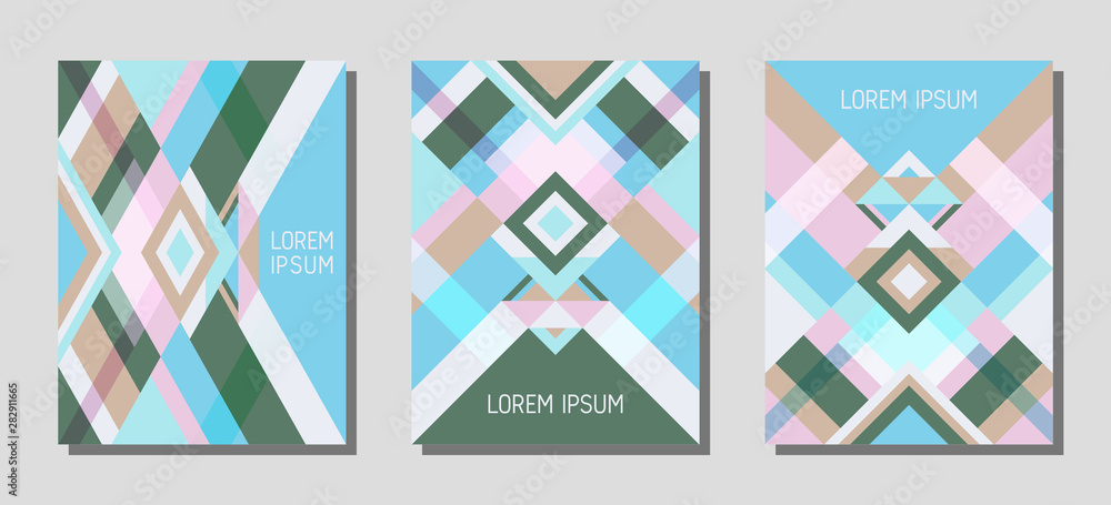 Obraz premium Cover page layout vector template geometric design with triangles and stripes pattern.