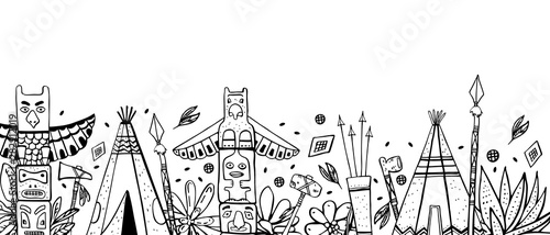 Native American traditional objects in a row. Wigwams, totem poles, cactuses, weapons. Vector hand drawn outline sketch illustration