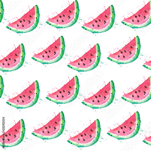 Seamless pattern of watermelon slices drawn in watercolor with paint splashes. Watermelon quarters with seeds and spray of juice.