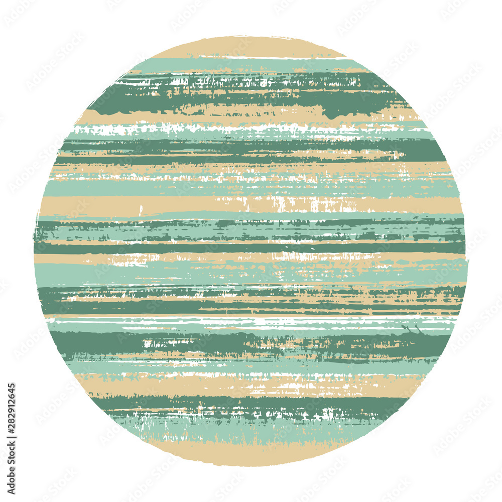 Vintage circle vector geometric shape with striped texture of ink horizontal lines. Disc banner with old paint texture. Stamp round shape circle logo element with grunge background of stripes.