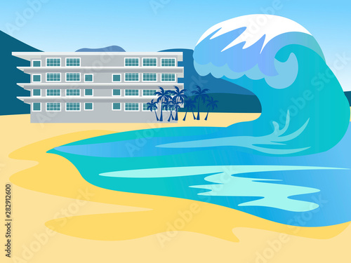 Tsunami covers the city. Global flood. In minimalist style Cartoon flat vector