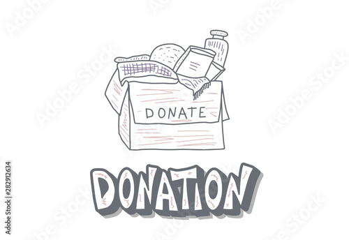 Donation concept. Box with stuff and text.